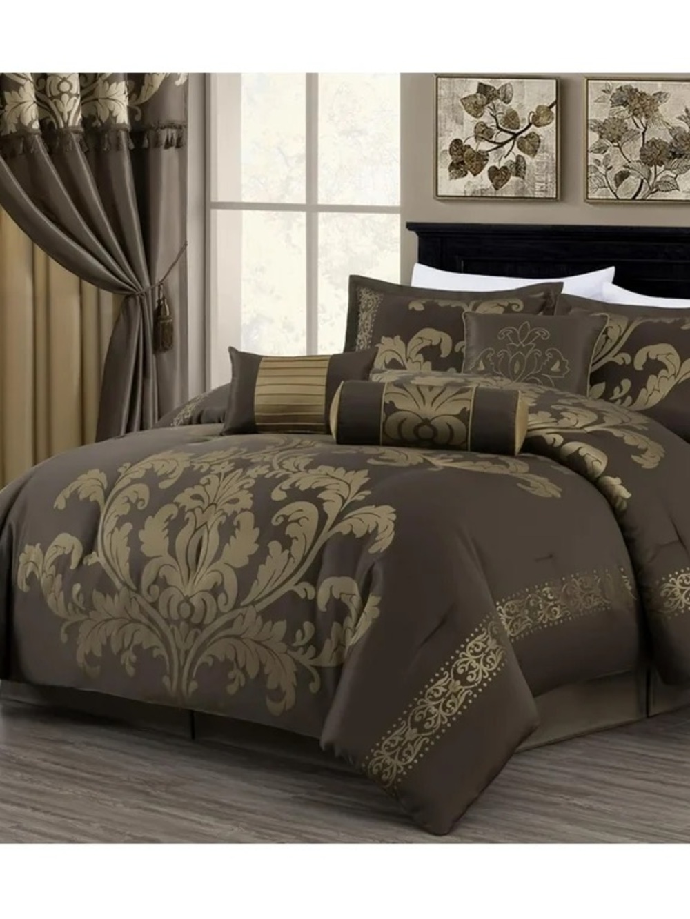 Elegant Chocolate Brown and Gold Damask oversized king 3 piece Comforter Set
